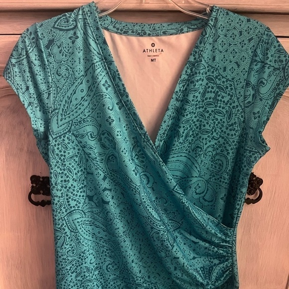 Athleta Nectar Faux Wrap Turquoise Paisley Printed Ruched Dress Athleisure - Picture 5 of 8
